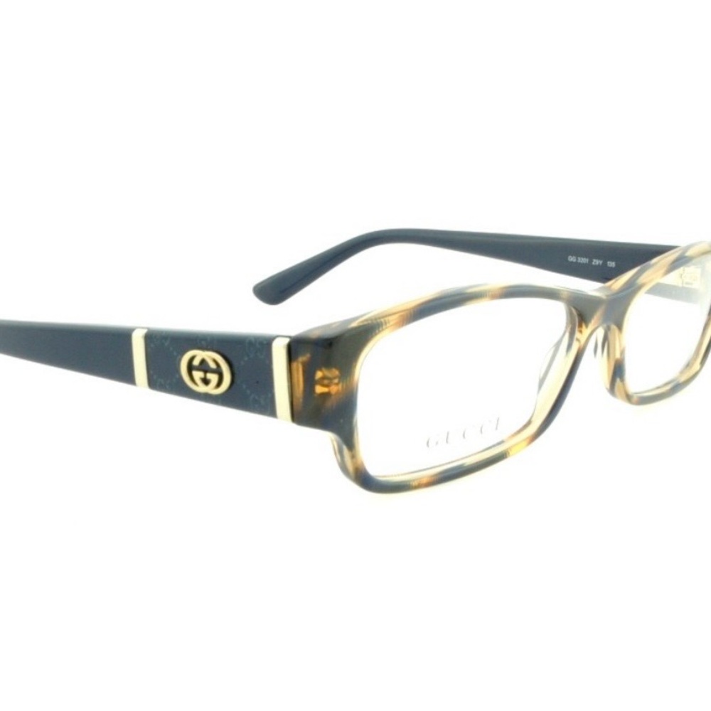 Gucci Blue Temple Tortoiseshell Front presentation Eyeglasses with Gold Logo